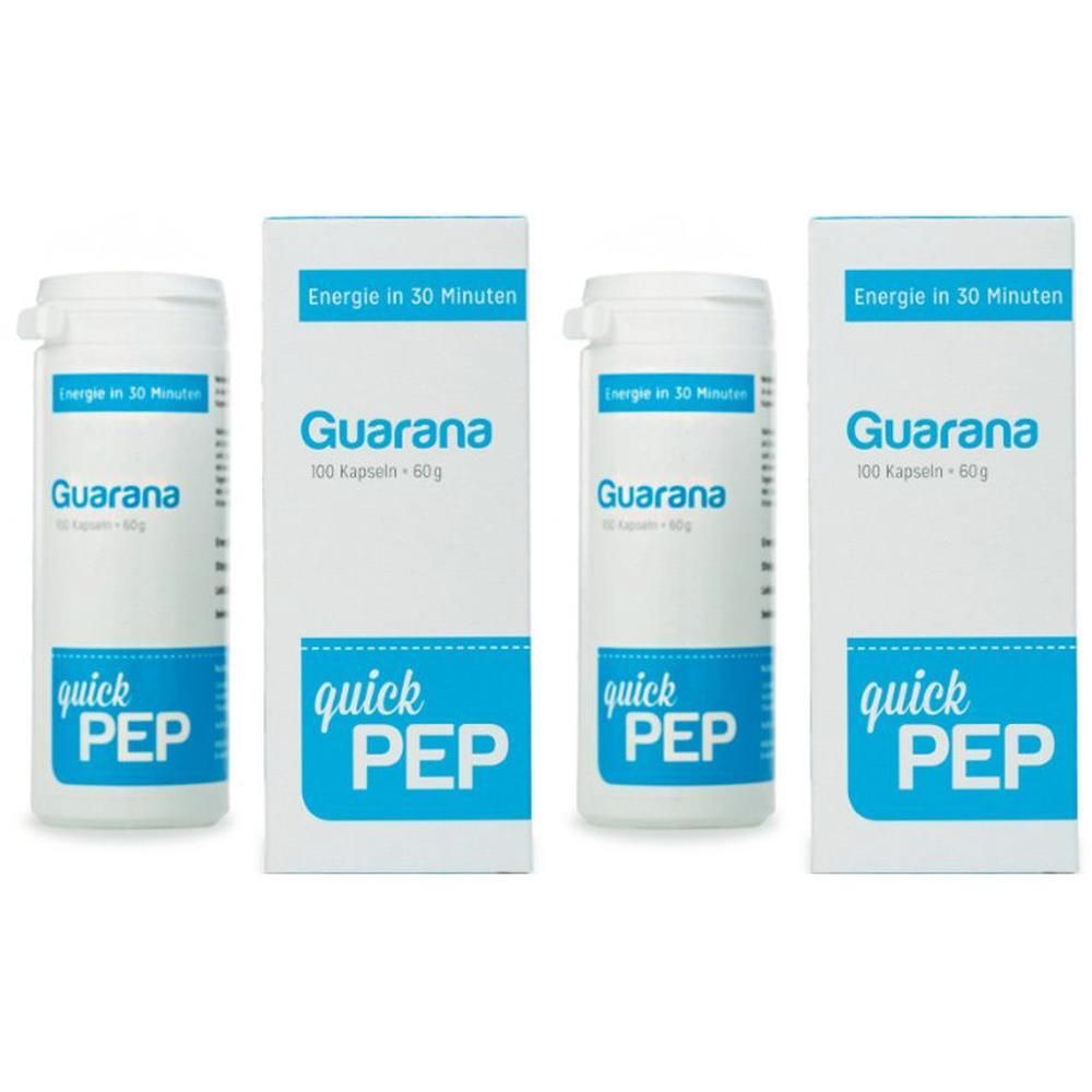 Zwei weiße Flaschen und zwei Schachteln mit Guarana-Kapseln. Aufschrift: Energie in 30 Minuten, Guarana, quick PEP.