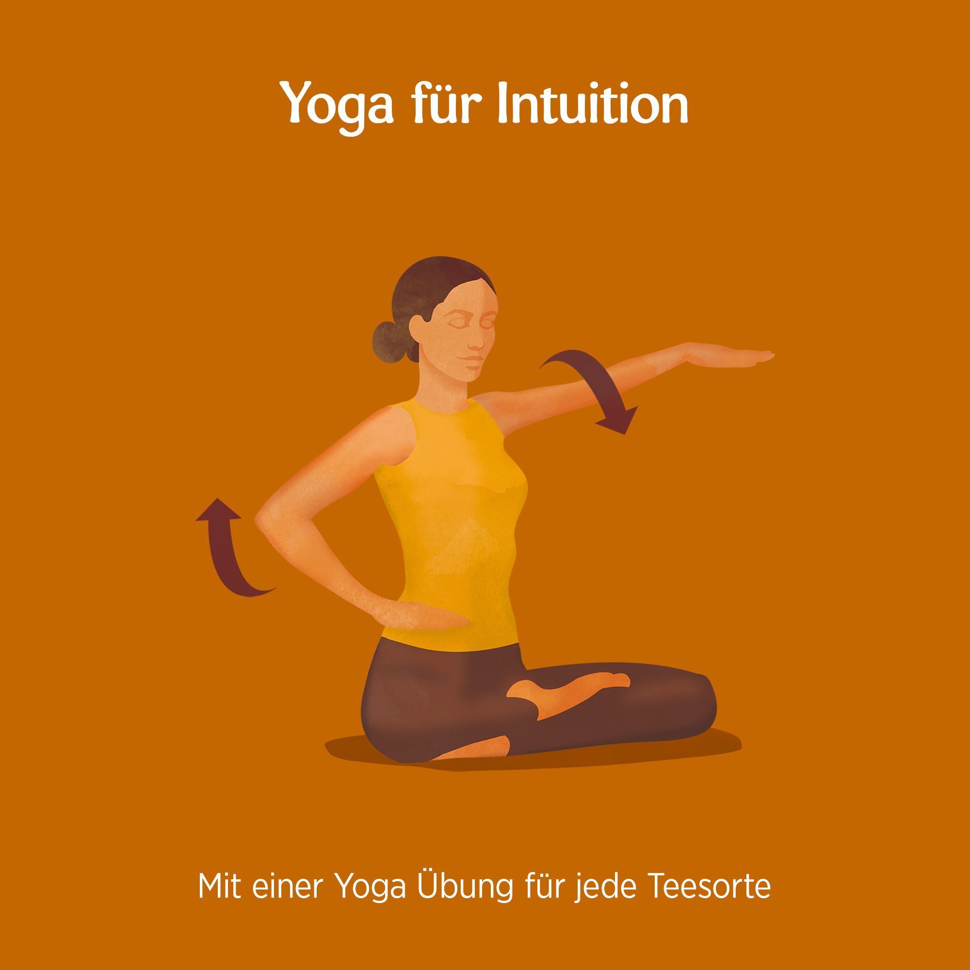 Illustration einer Person in Yoga-Pose. Text: Yoga für Intuition. Pfeile zeigen Armbewegungen. Orangefarbener Hintergrund.