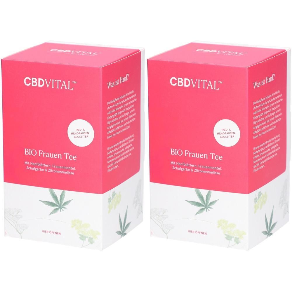 Zwei quadratische Kartons mit rosa Oberteil und weißem Unterteil. Aufschrift: CBD VITAL BIO Frauen Tee. Mit Hanfblüten, Frauenmantel, Schafgarbe & Zitronenmelisse.