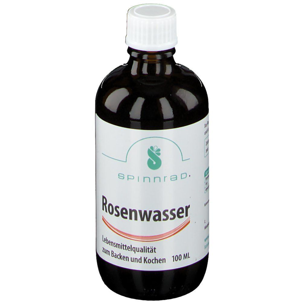 Eine Flasche Spinnrad Rosenwasser, 100 ml, mit weißem Schraubverschluss.