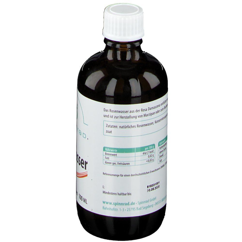 Rückseite einer Flasche Spinnrad Rosenwasser mit Nährwertangaben und Inhaltsstoffen.