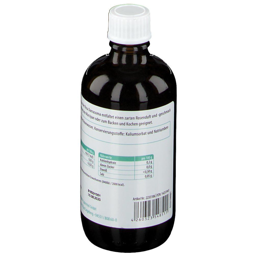 Rückseite einer Flasche Spinnrad Rosenwasser mit Barcode und Haltbarkeitsdatum.