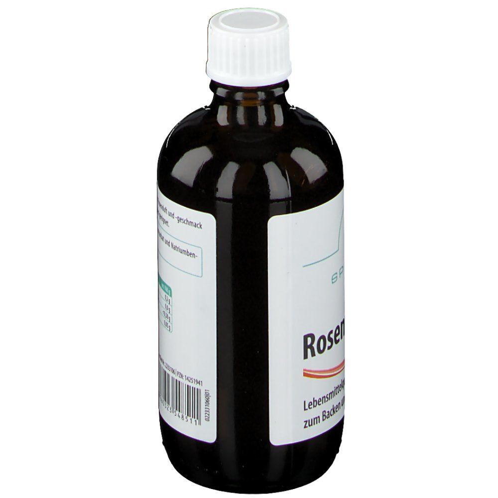 Seitenansicht einer Flasche Spinnrad Rosenwasser, 100 ml, Lebensmittelqualität.