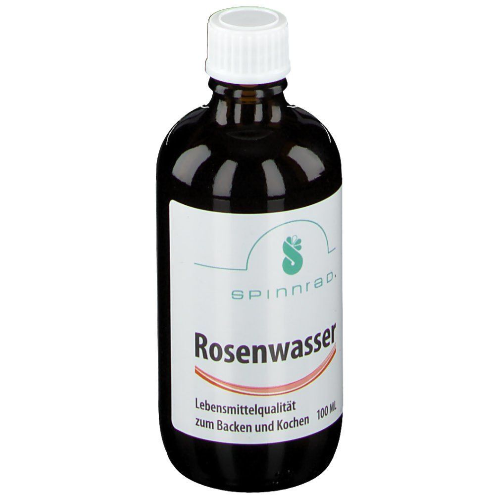 Eine Flasche Spinnrad Rosenwasser, 100 ml, mit Etikett und weißem Verschluss.