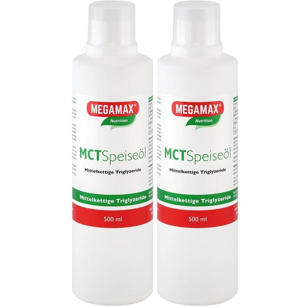 Zwei weiße Flaschen mit Schraubverschluss. Auf den Etiketten steht "MEGAMAX", "MCTSpeiseöl" und "Mittelkettige Triglyzeride".