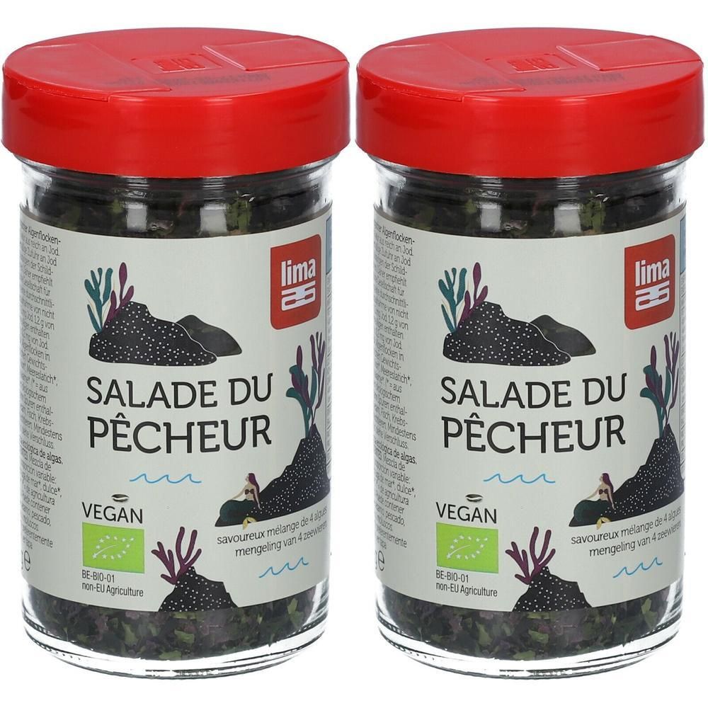 Zwei Gläser Lima Bio Salade du Pêcheur. Roter Deckel, Etikett mit Illustration und Text. Vegan-Siegel.