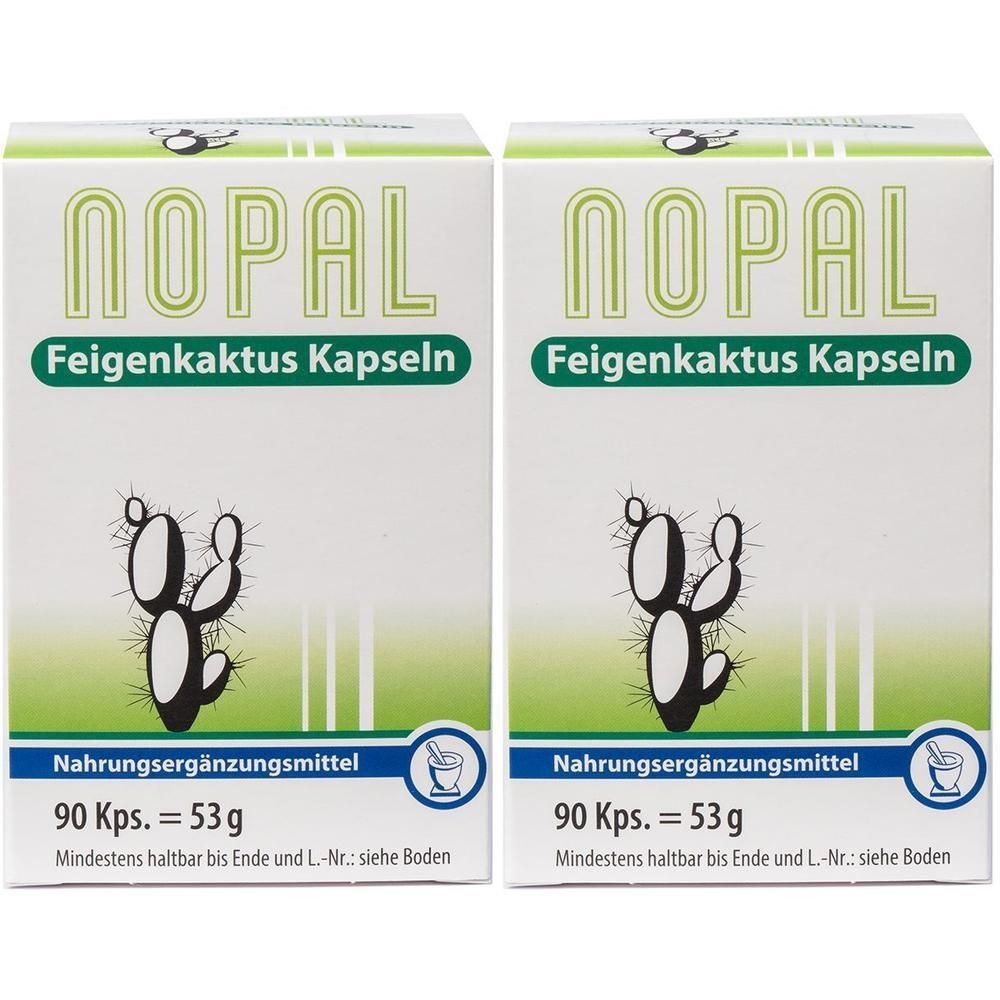 Zwei weiße Kartons mit Produktnamen NOPAL und Feigenkaktus Kapseln. Enthält 90 Kapseln. Abbildung eines Kaktus.