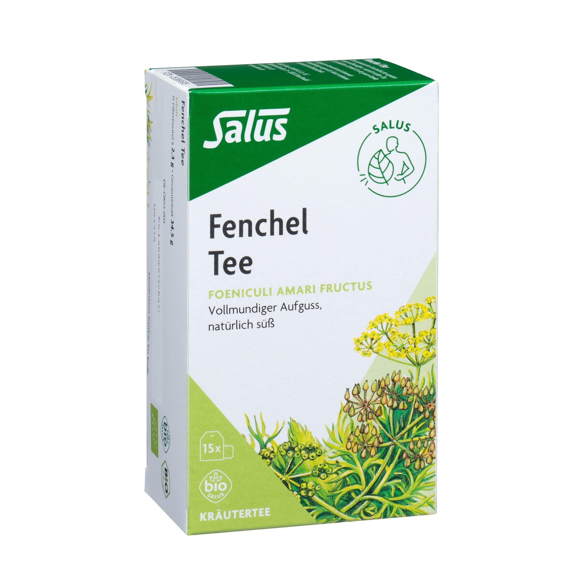 Einzelne Packung Fenchel Tee. Grüne und weiße Verpackung mit Logo und Produktbezeichnung. Bio-Siegel.