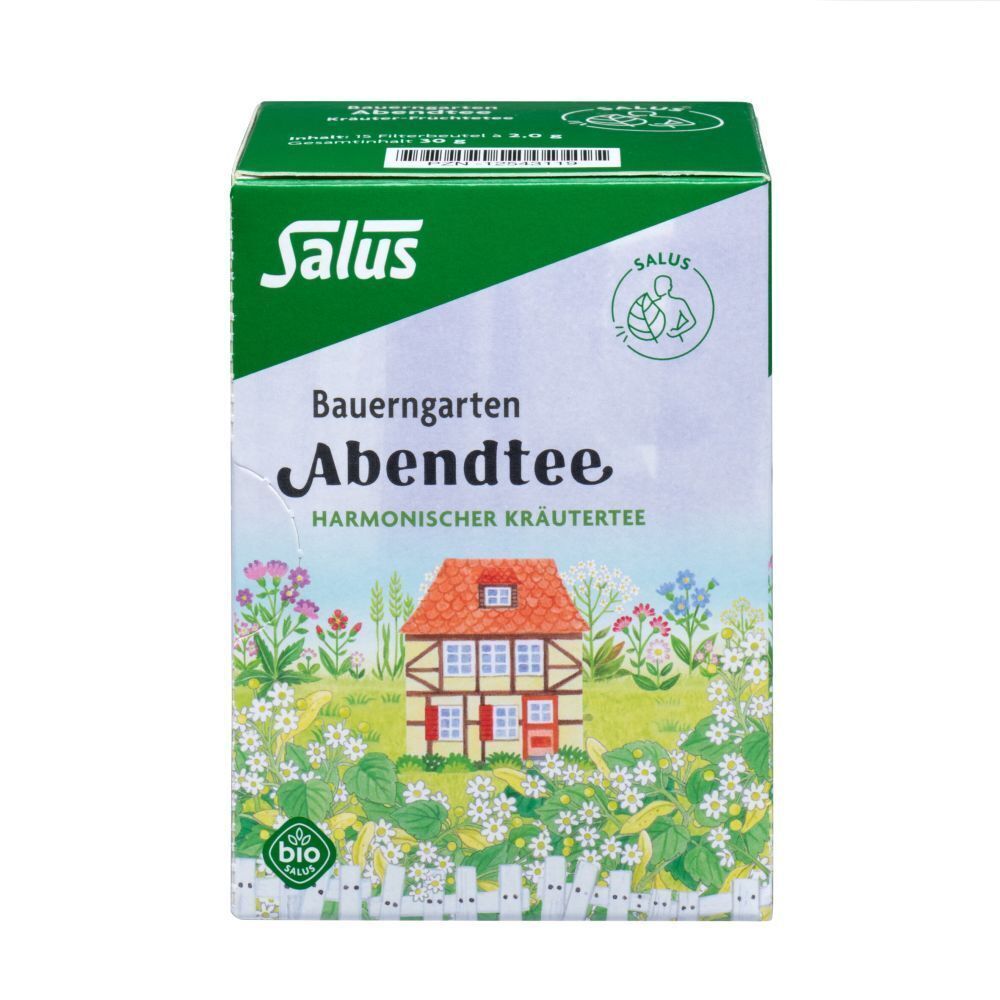 Salus Abendtee-Packung. Aufdruck: Haus mit Blumen, Bio-Siegel. Grüne und weiße Farbgebung.