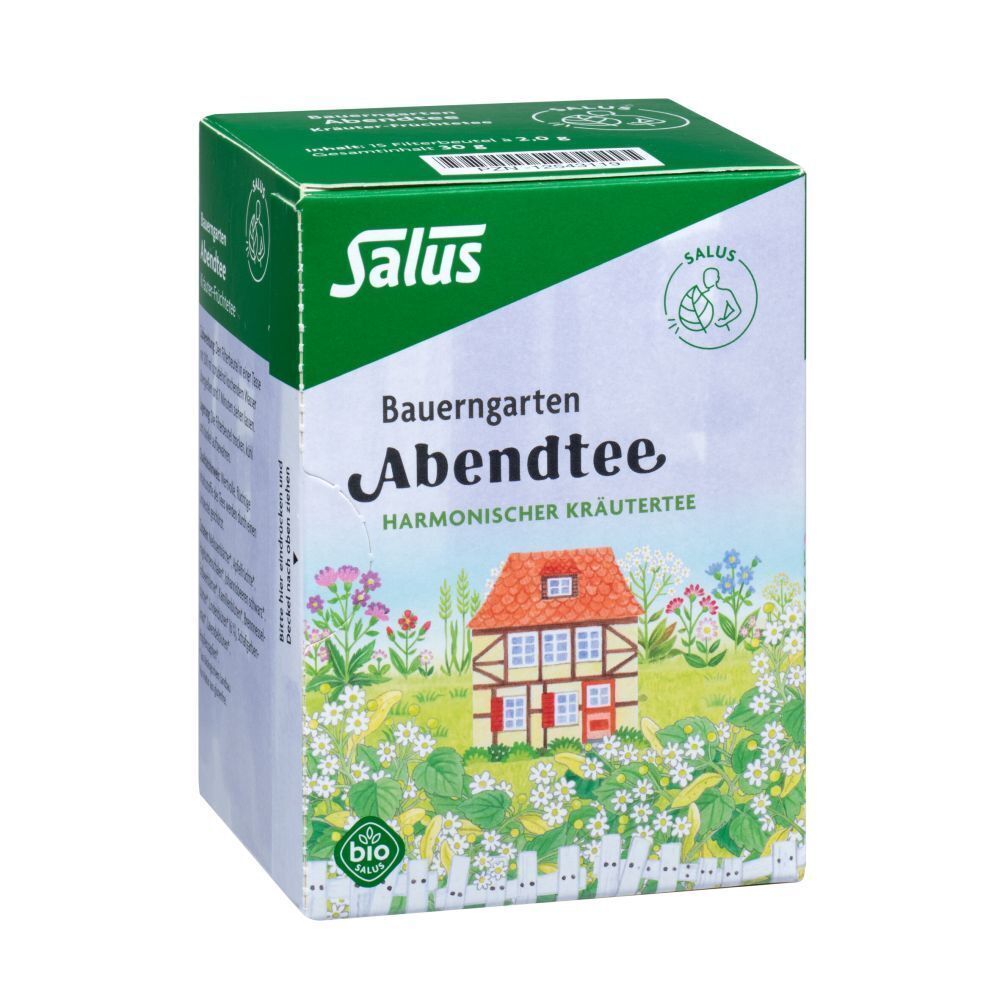Salus Abendtee-Packung. Perspektivische Ansicht. Aufdruck: Haus mit Blumen, Bio-Siegel. Grüne und weiße Farbgebung.