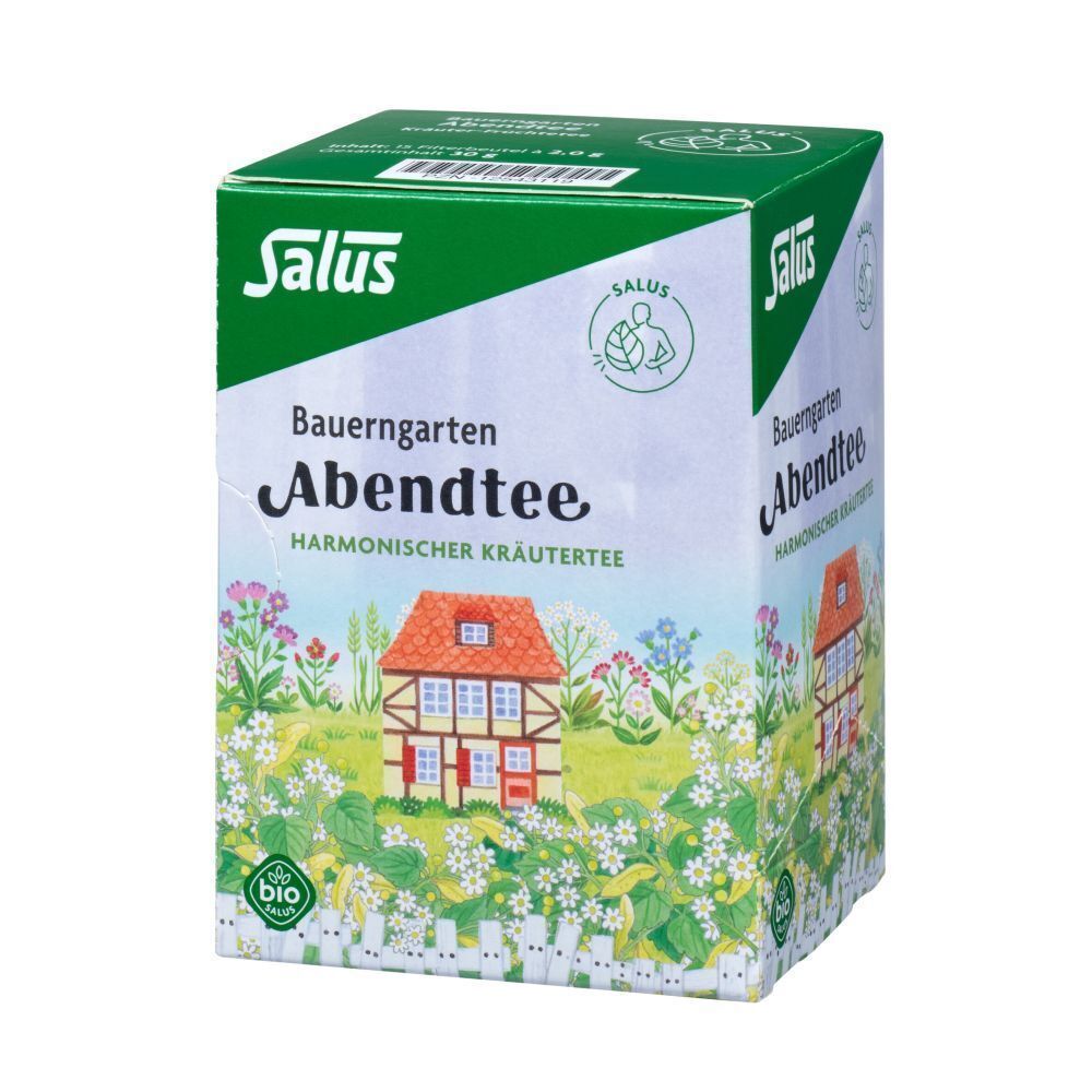 Salus Abendtee-Packung. Perspektivische Ansicht. Aufdruck: Haus mit Blumen, Bio-Siegel. Grüne und weiße Farbgebung.