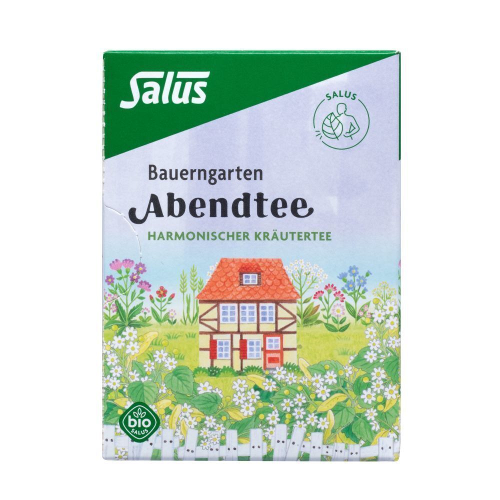 Salus Abendtee-Packung. Aufdruck: Haus mit Blumen, Bio-Siegel. Grüne und weiße Farbgebung.
