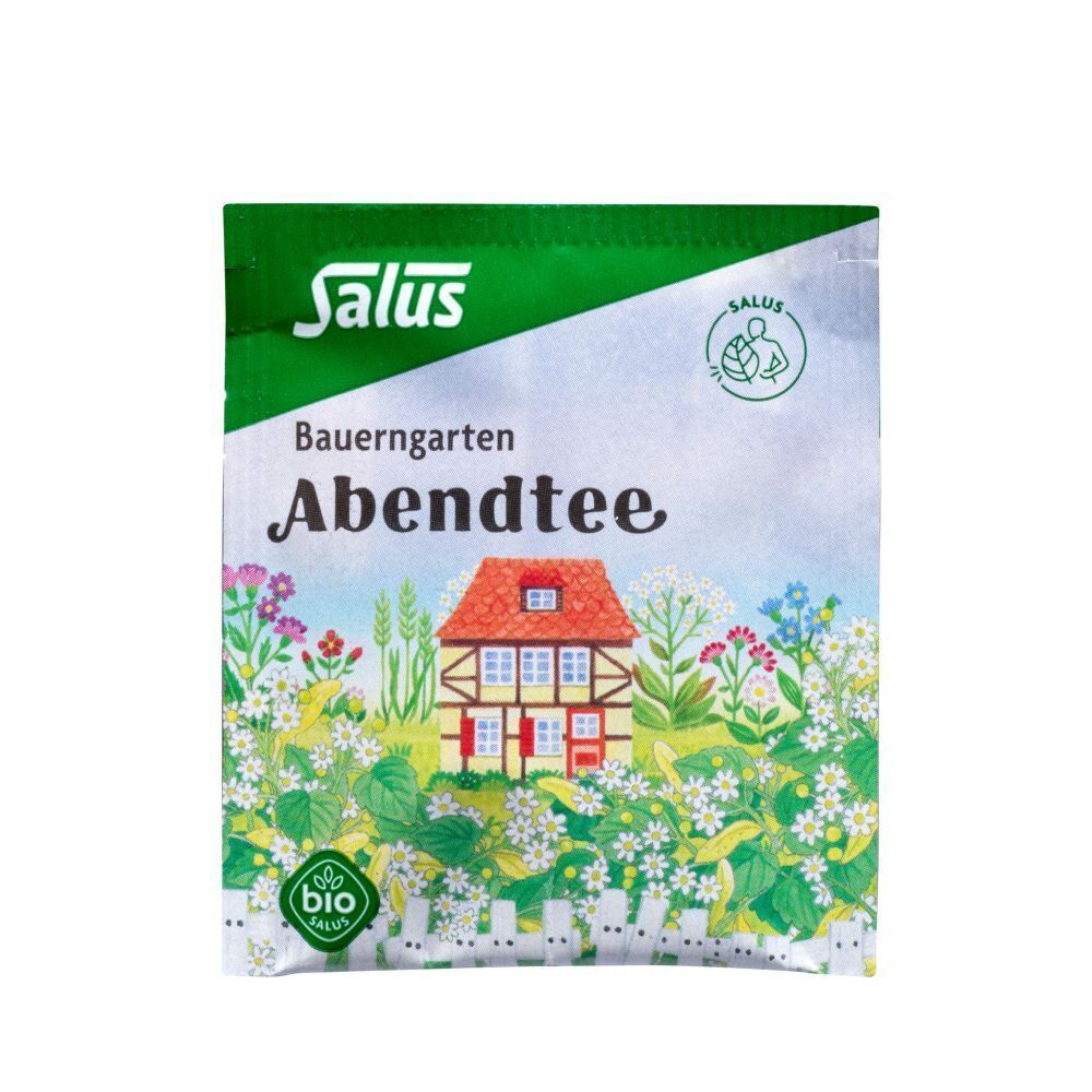 Einzelner Teebeutel-Beutel. Aufdruck: Salus, Abendtee, Haus mit Blumen, Bio-Siegel. Grüne und weiße Farbgebung.