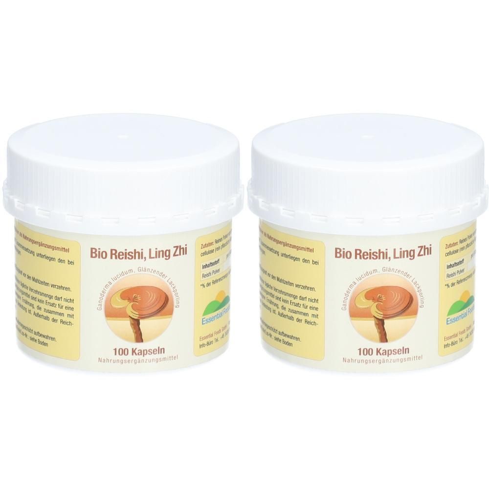 Zwei weiße Behälter mit Deckel. Auf den Etiketten steht "Bio Reishi, Ling Zhi" und ein Pilz-Symbol. Text: "100 Kapseln".