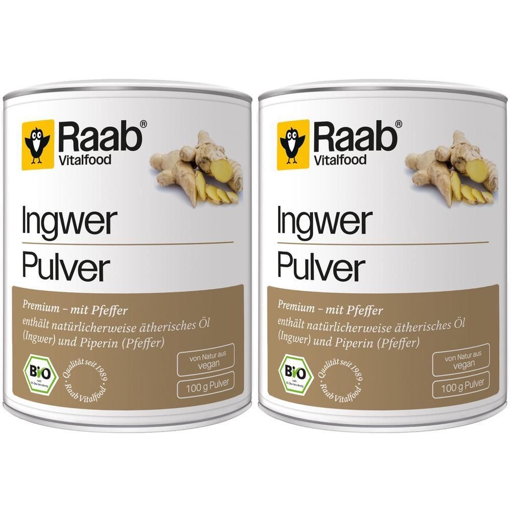 Zwei Dosen Ingwer Pulver. Aufschrift: Raab Vitalfood, Ingwer Pulver, Bio-Siegel, 100 g. Abbildung von Ingwer.