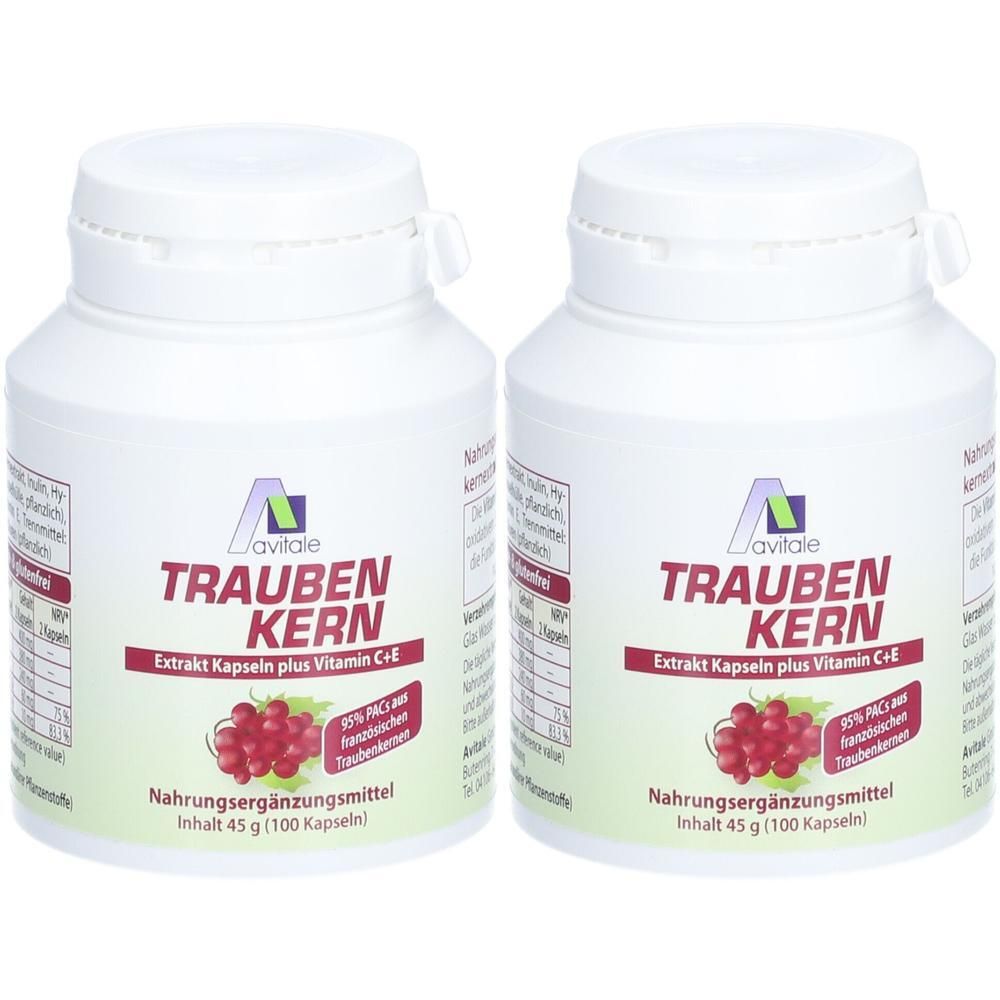 Zwei weiße Flaschen mit Schraubverschluss. Aufschrift: TRAUBEN KERN, Extrakt Kapseln plus Vitamin C+E. Abbildung von Trauben. Nahrungsergänzungsmittel.