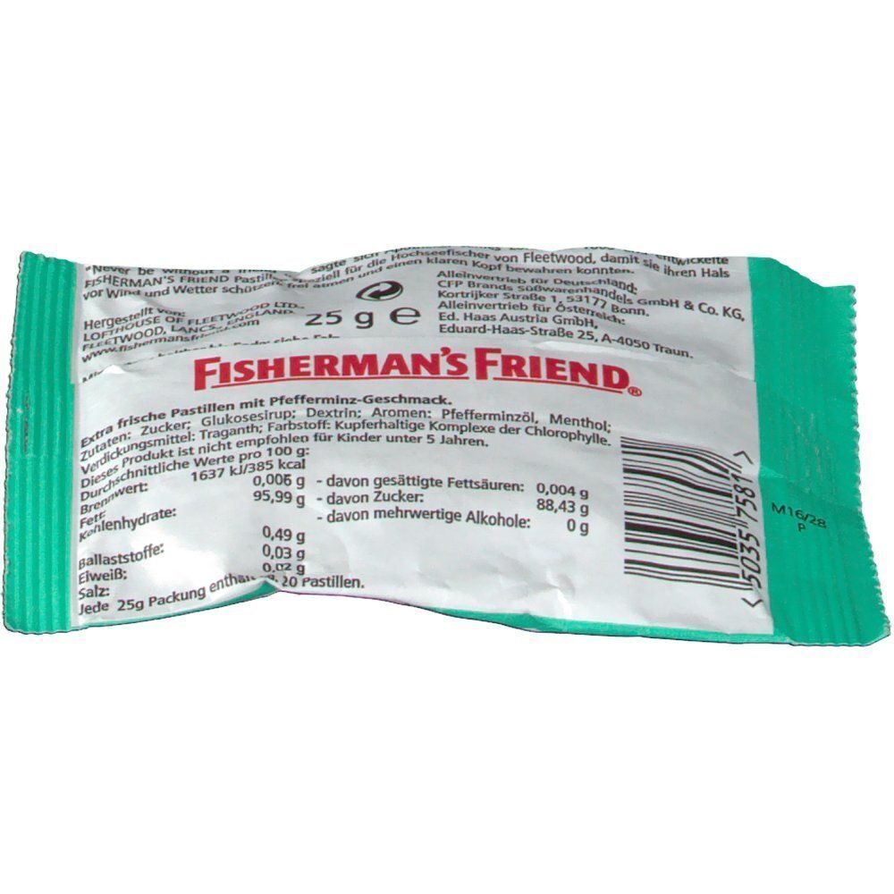 FISHERMAN'S FRIEND Mint Pastillen-Packung. Rückseite mit Text und Barcode. 25 g.
