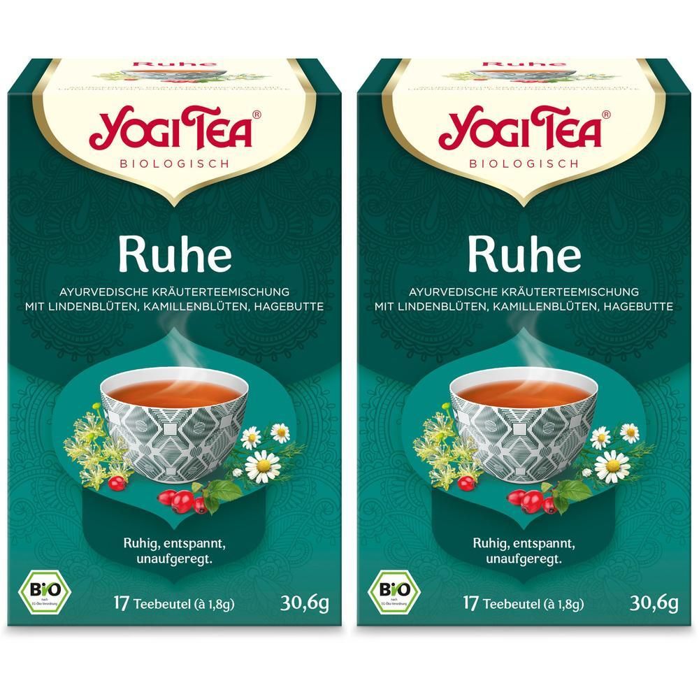 Zwei Packungen YOGI TEA Ruhe Bio Filterbeutel. Aufschrift: Ruhe, ayurvedische Kräutermischung. Mit Bio-Siegel. 17 Teebeutel.