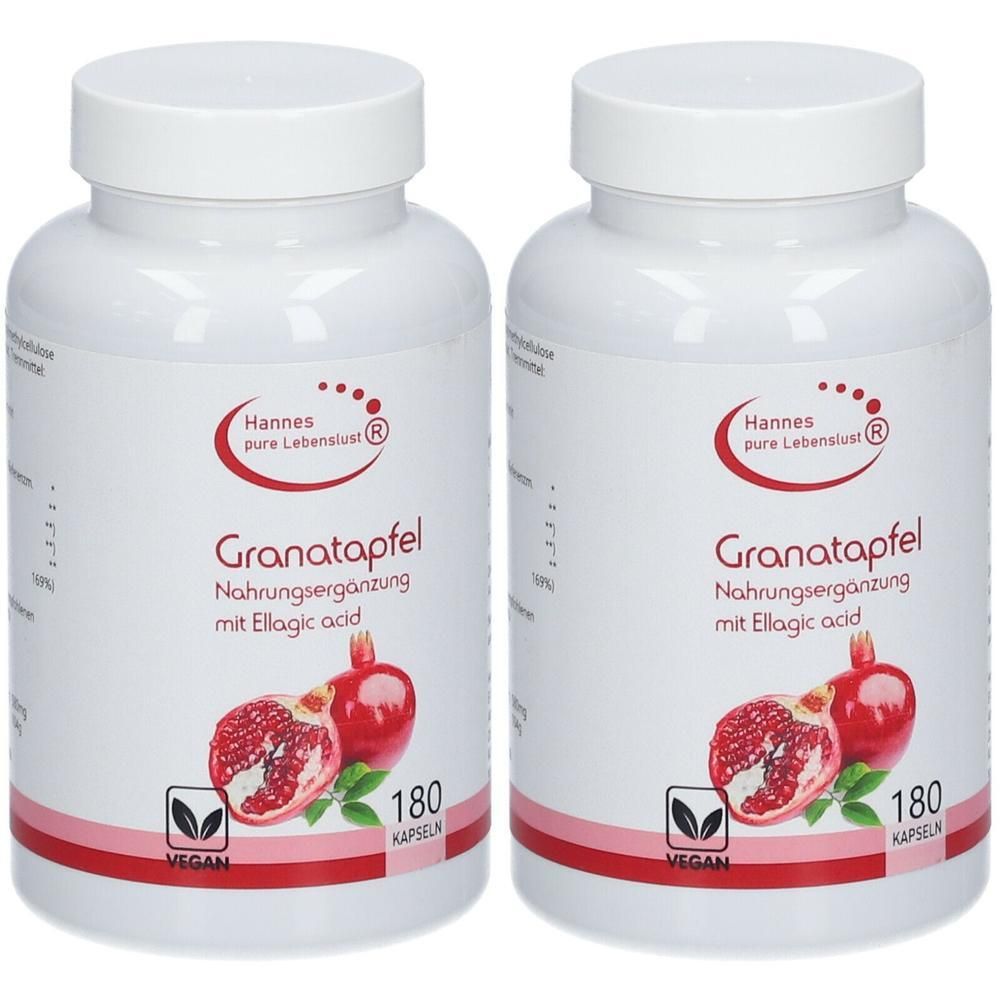 Zwei weiße Flaschen mit Deckel. Aufschrift: Hannes pure Lebenslust, Granatapfel Nahrungsergänzung mit Ellagic acid. 180 Kapseln. Vegan.