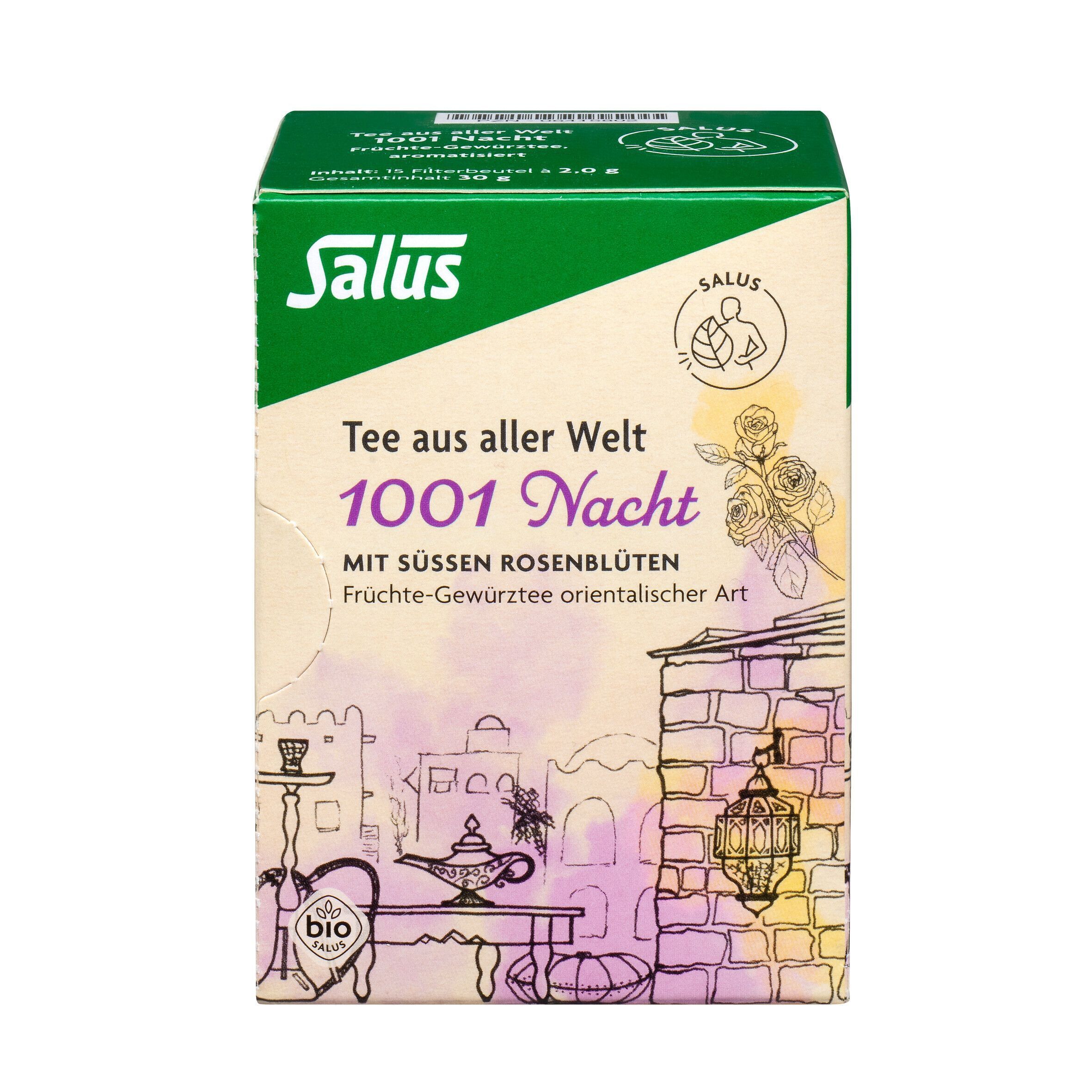 Kräutertee-Schachtel. Aufdruck: Salus, 1001 Nacht, Bio. Mit orientalischem Design.