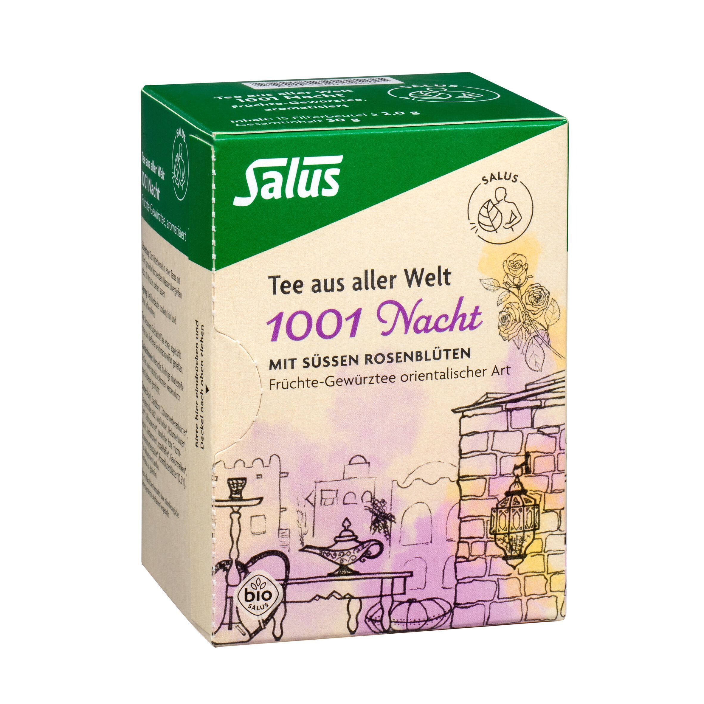 Kräutertee-Schachtel. Aufdruck: Salus, 1001 Nacht, Bio. Seitenansicht.