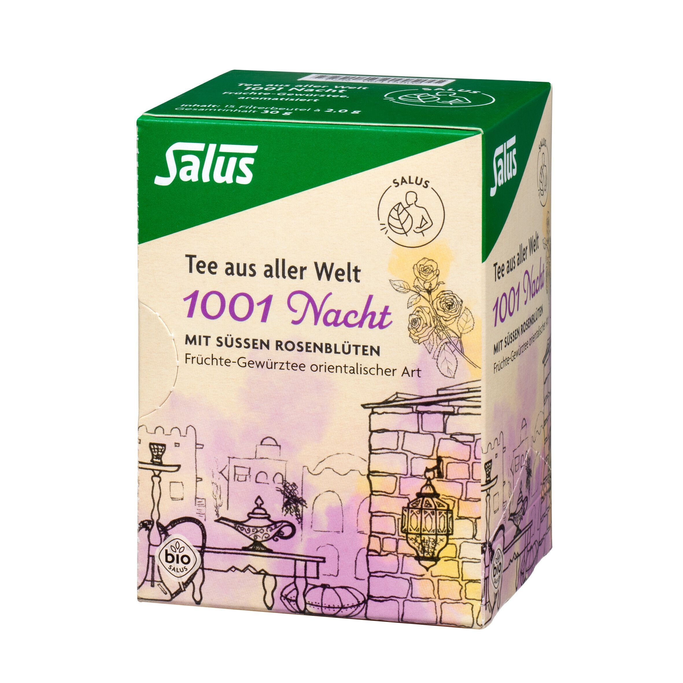 Kräutertee-Schachtel. Aufdruck: Salus, 1001 Nacht, Bio. Schräge Ansicht.