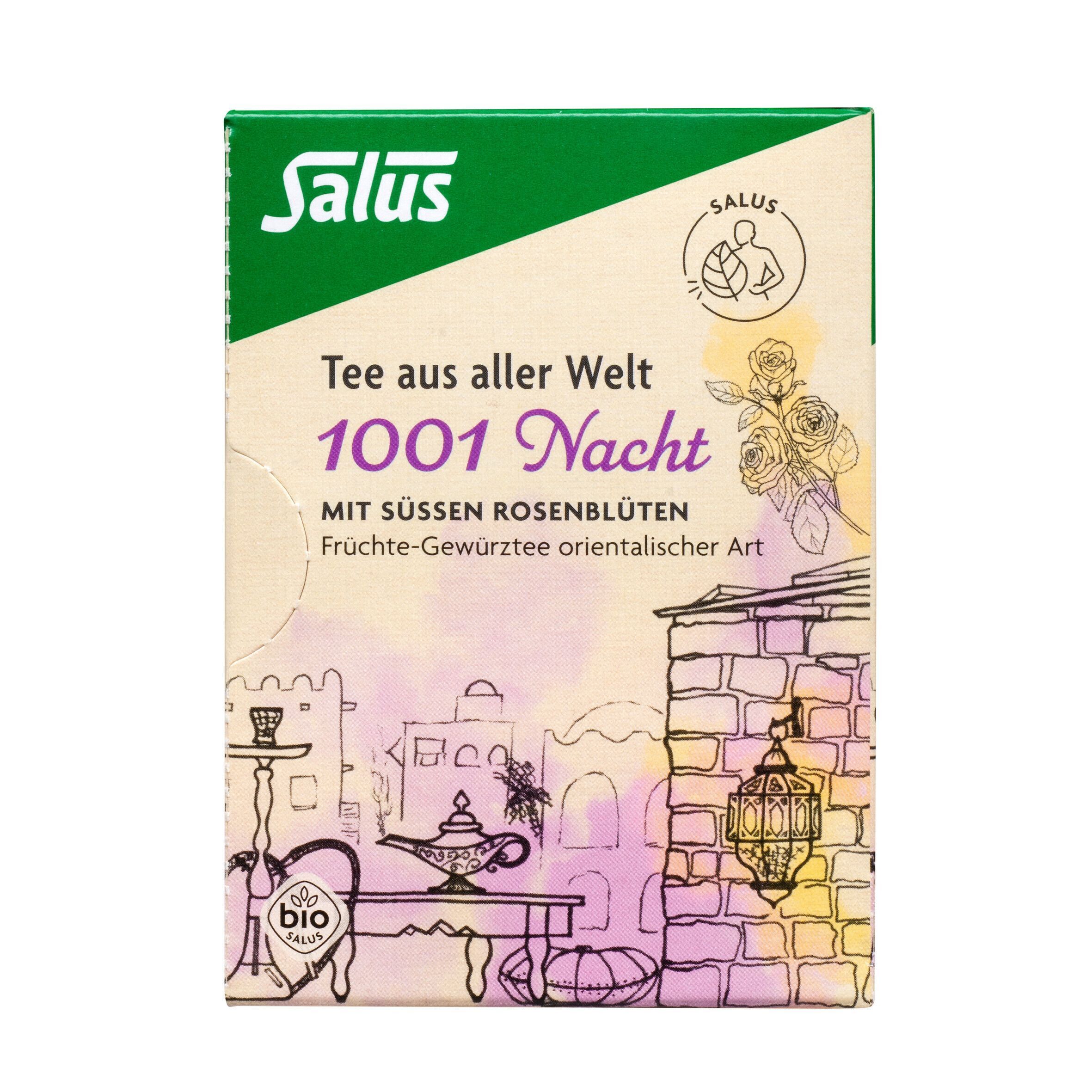 Kräutertee-Schachtel. Aufdruck: Salus, 1001 Nacht, Bio. Nahaufnahme.