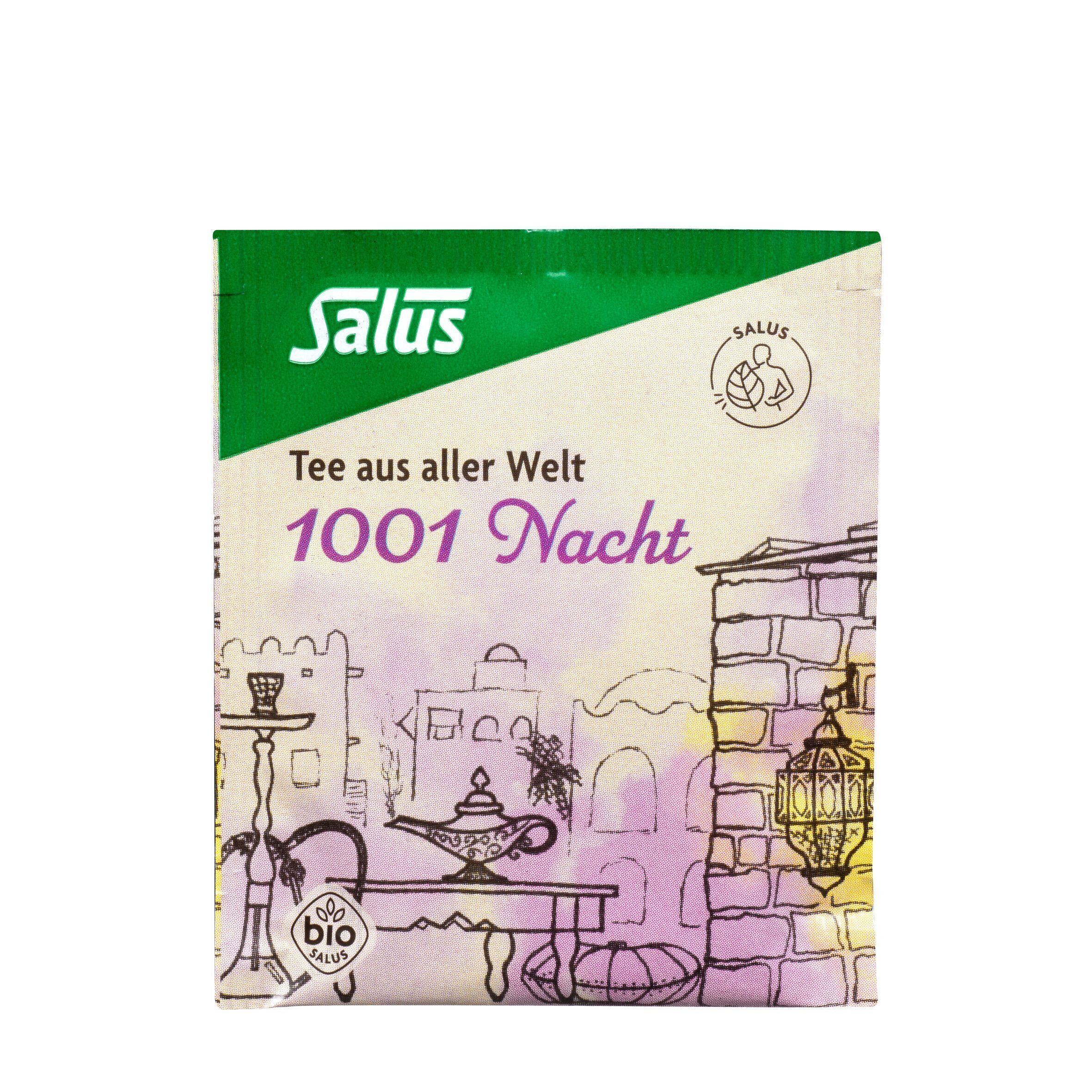 Kräutertee-Schachtel. Aufdruck: Salus, 1001 Nacht, Bio. Frontalansicht.