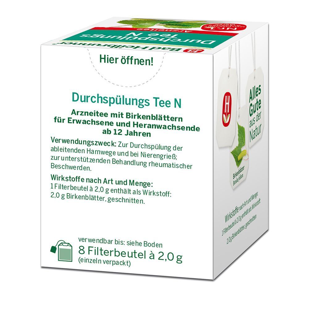 Packung Bad Heilbrunner® Durchspülungs Tee N, 8 Filterbeutel à 2,0 g, mit Birkenblättern.