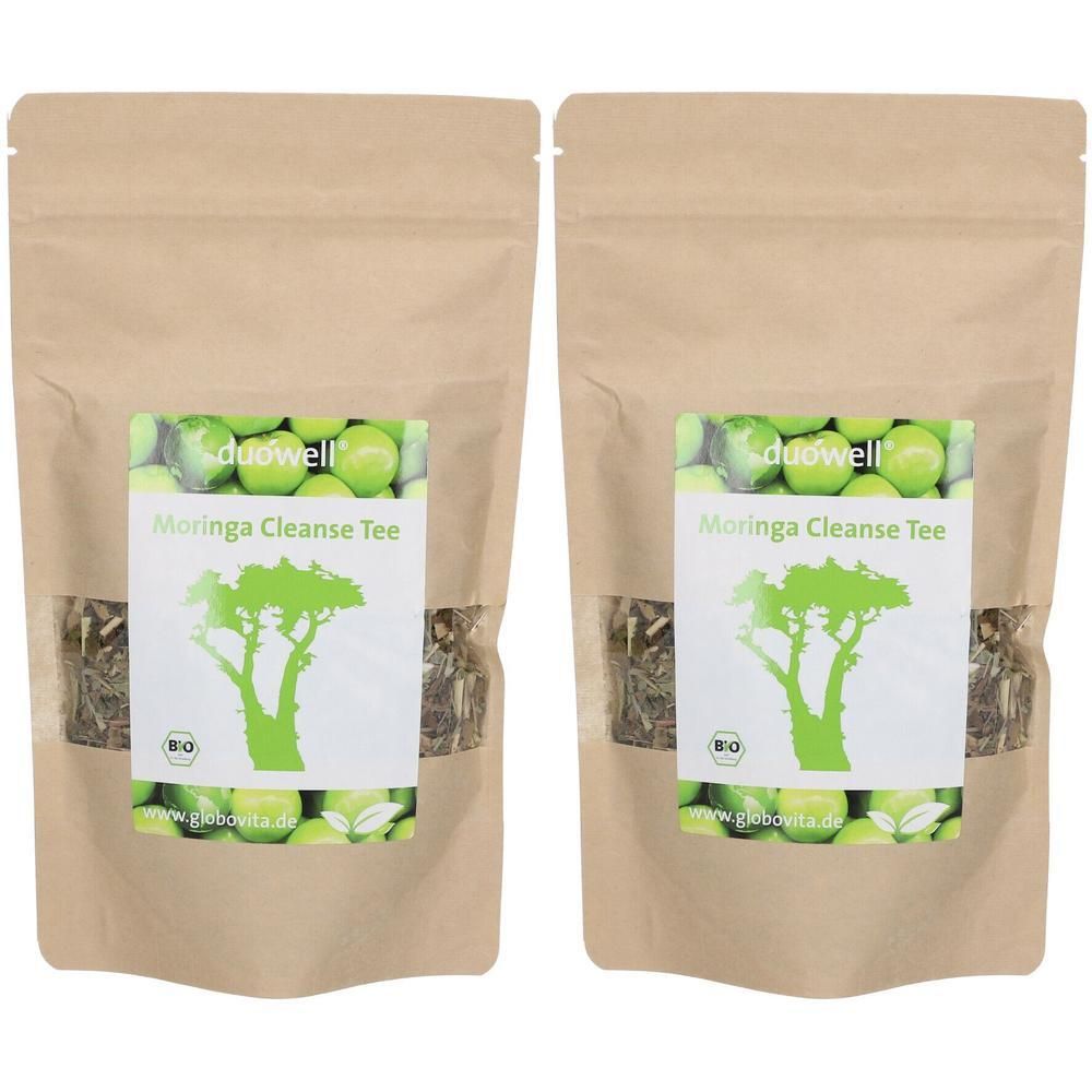 Zwei Beutel DUOWELL MORINGA CLEANSE Tee. Braune Papierverpackung mit Etikett. Aufschrift: Moringa Cleanse Tee, Bio-Siegel.