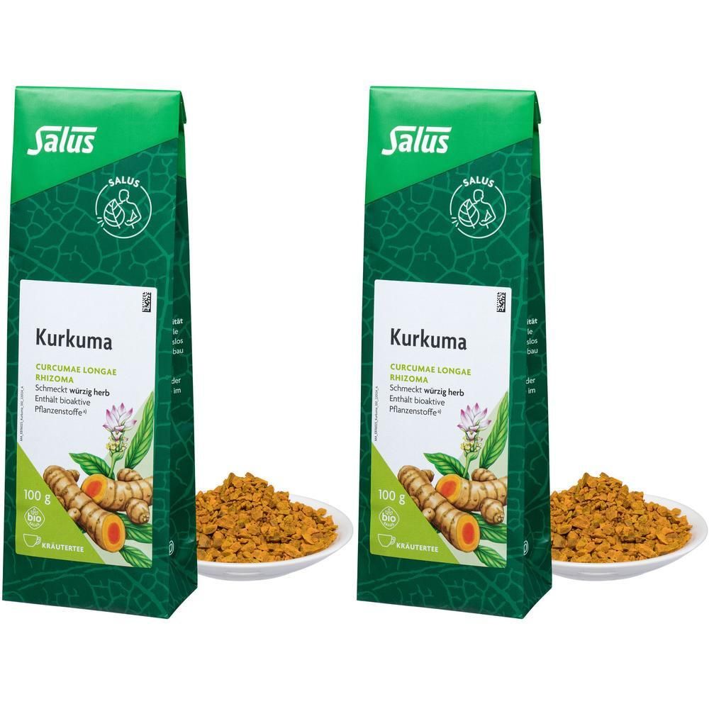Zwei grüne Beutel mit Kurkuma Tee. Aufschrift: Salus, Kurkuma, 100g. Daneben zwei Teller mit Kurkumapulver.