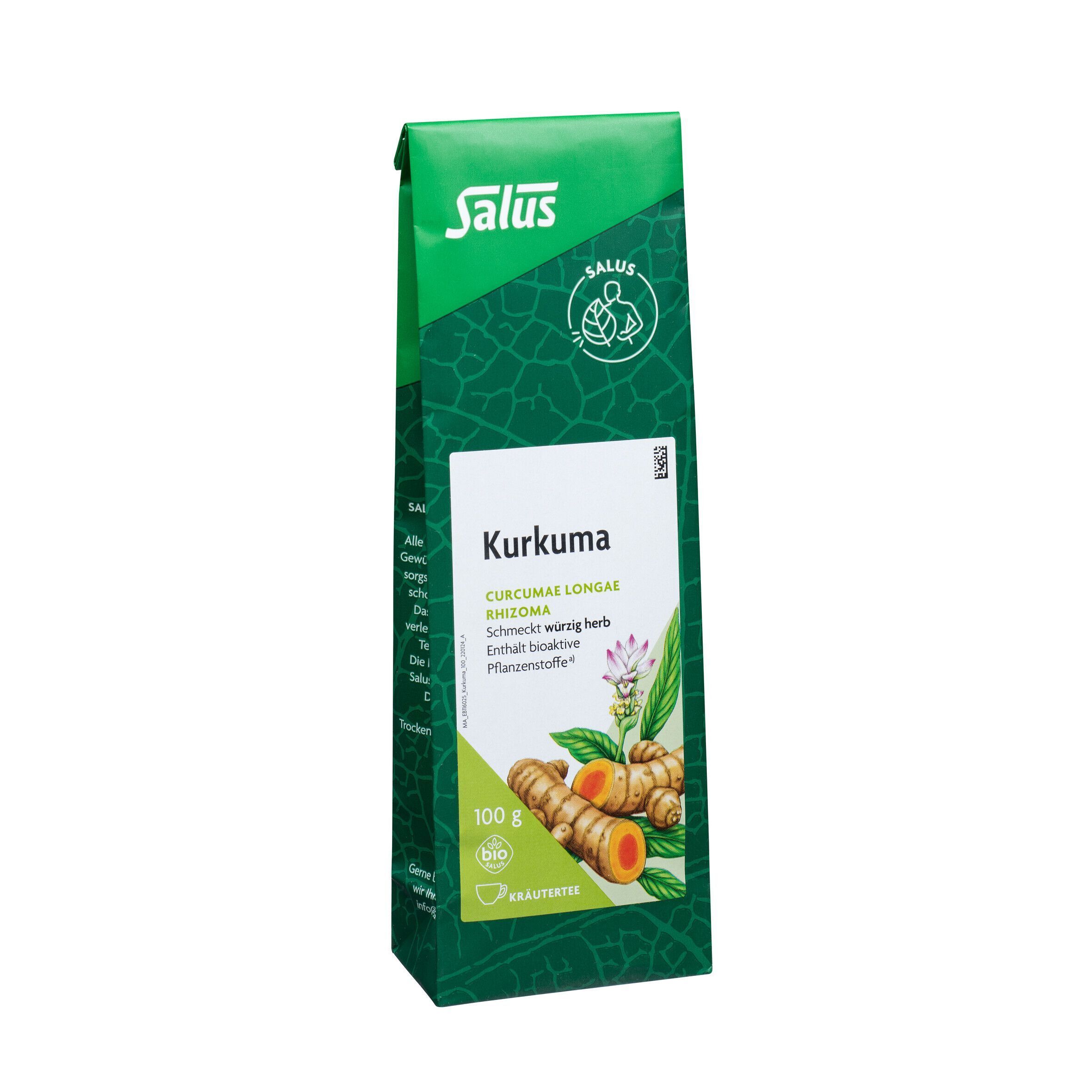 Grüner Beutel mit Kurkuma. Aufschrift: Salus, Kurkuma, 100g. Abbildung von Kurkumawurzeln.