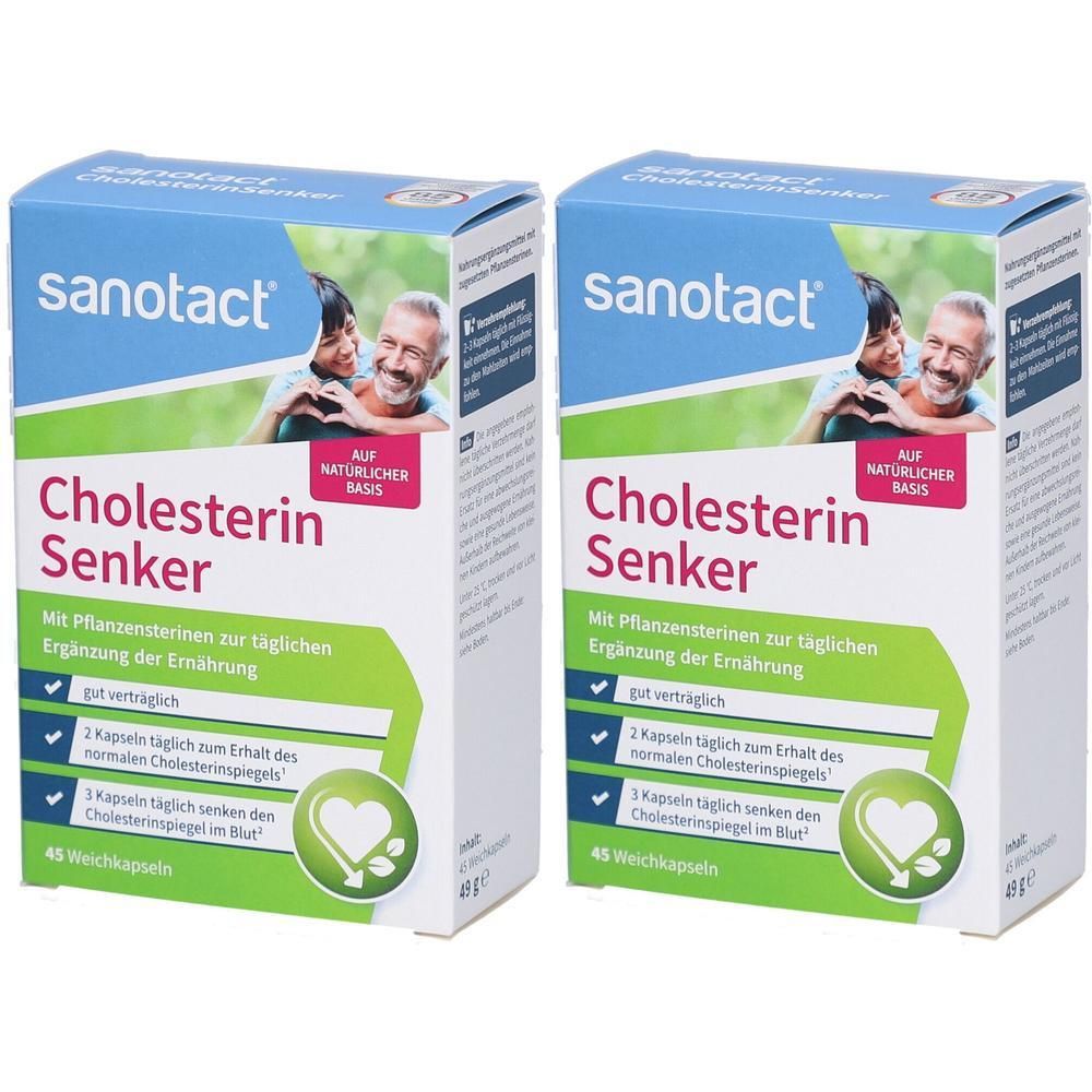 Zwei Schachteln SANOTACT Cholesterin Senker. Blaue und weiße Verpackung mit Produktnamen und Logo. Enthält 45 Weichkapseln.