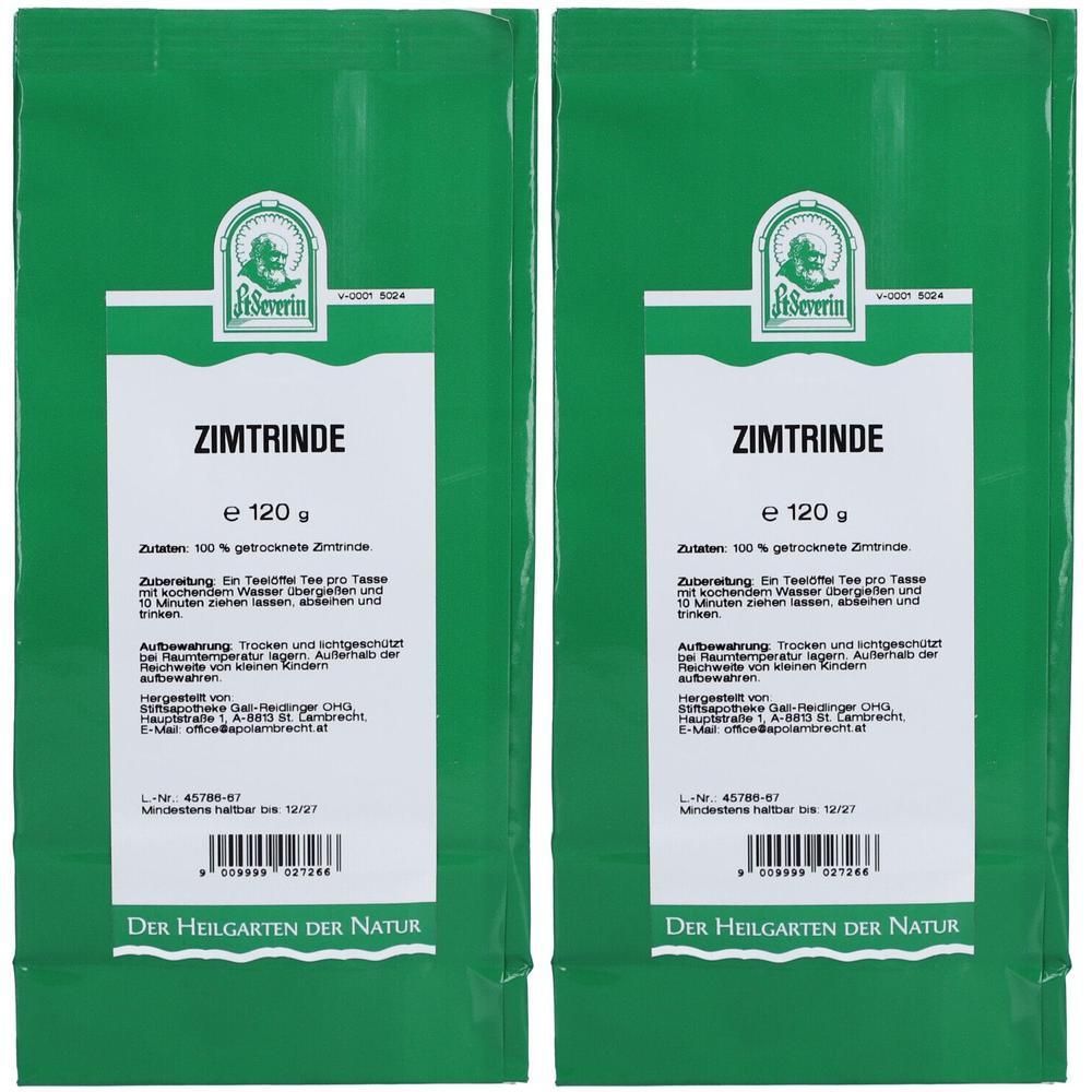 Zwei grüne Beutel mit der Aufschrift "Zimtrinde". Logo von La Severin. Text: e 120 g, Zutaten, Zubereitung, Aufbewahrung. Unter "Der Heilgarten der Natur".
