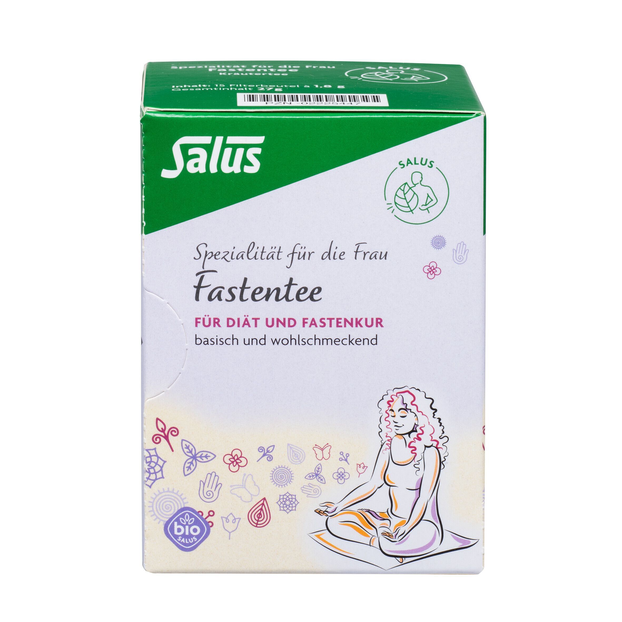 Verpackung FASTENTEE Bio Salus. Aufdruck: Salus, Fastentee, Spezialität für die Frau. Bio-Siegel. Frau sitzt meditierend.
