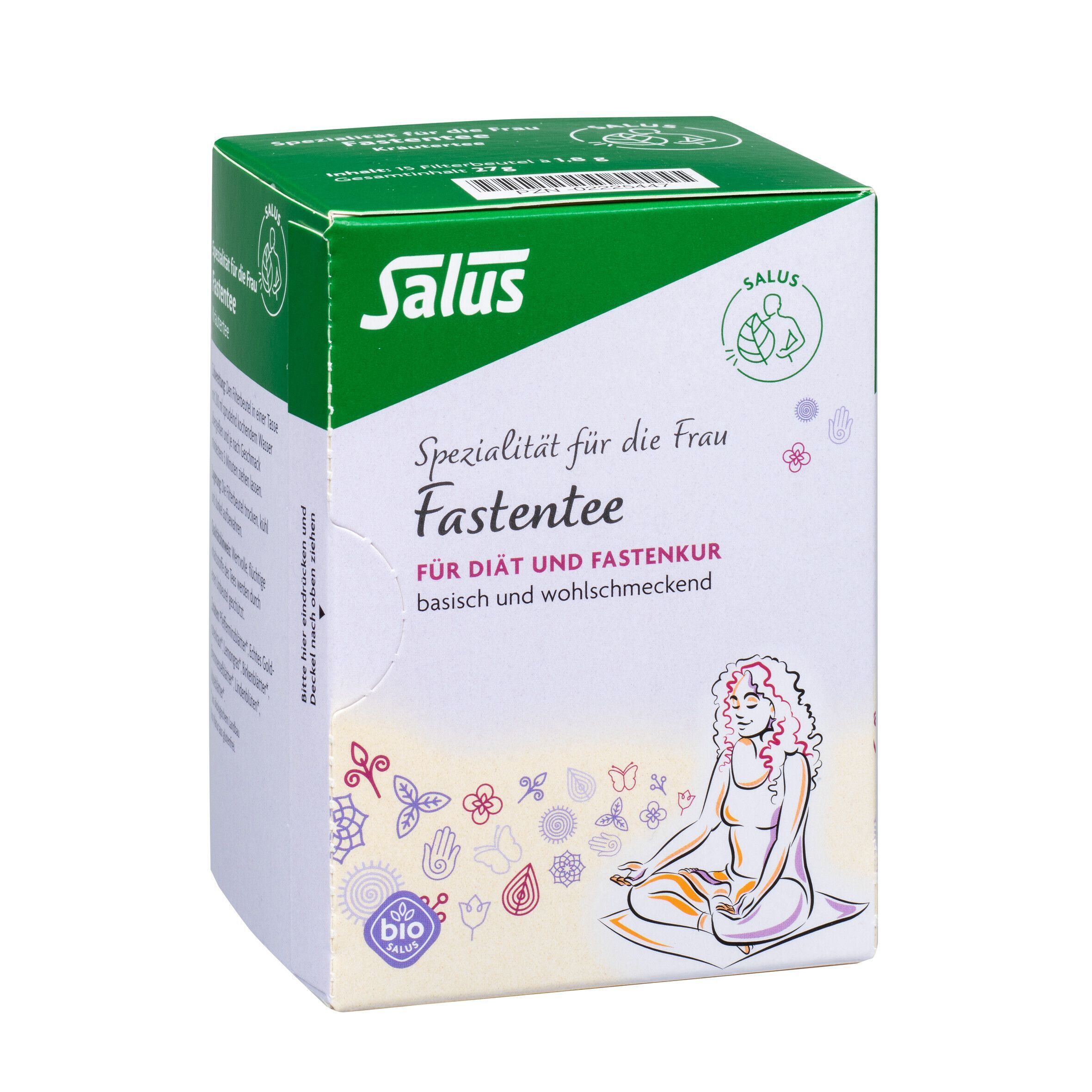 Verpackung FASTENTEE Bio Salus. Aufdruck: Salus, Fastentee, Spezialität für die Frau. Bio-Siegel. Frau sitzt meditierend.