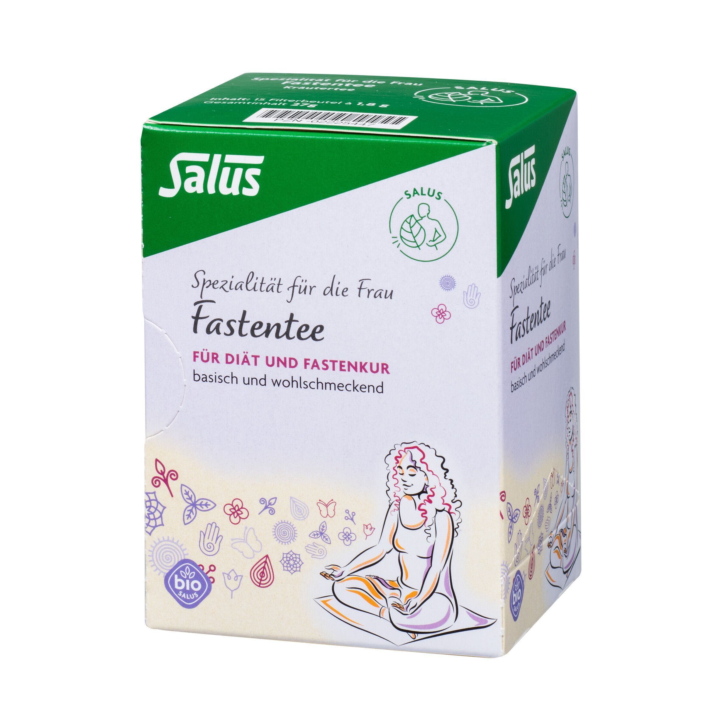 Verpackung FASTENTEE Bio Salus. Aufdruck: Salus, Fastentee, Spezialität für die Frau. Bio-Siegel. Frau sitzt meditierend.