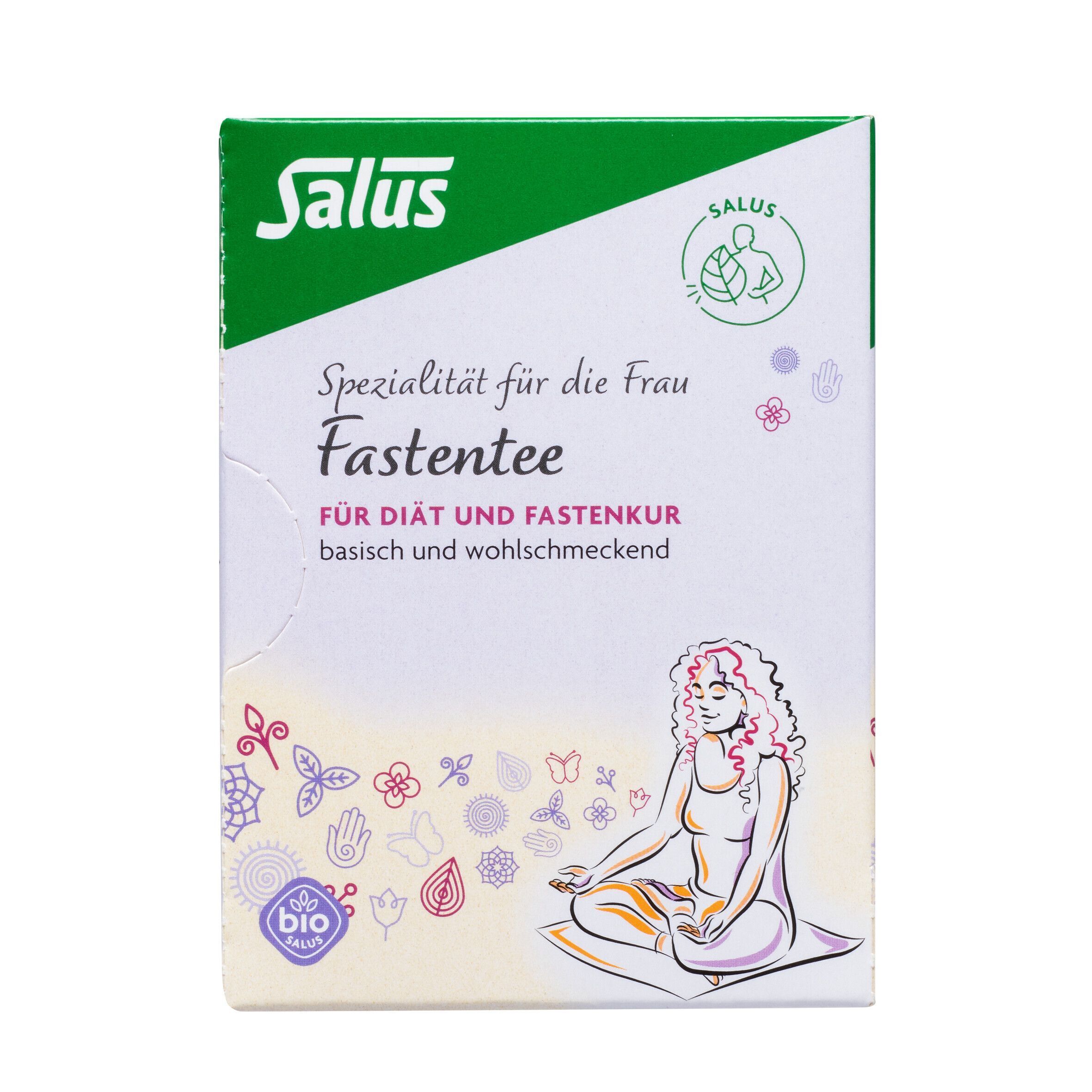 Verpackung FASTENTEE Bio Salus. Aufdruck: Salus, Fastentee, Spezialität für die Frau. Bio-Siegel. Frau sitzt meditierend.