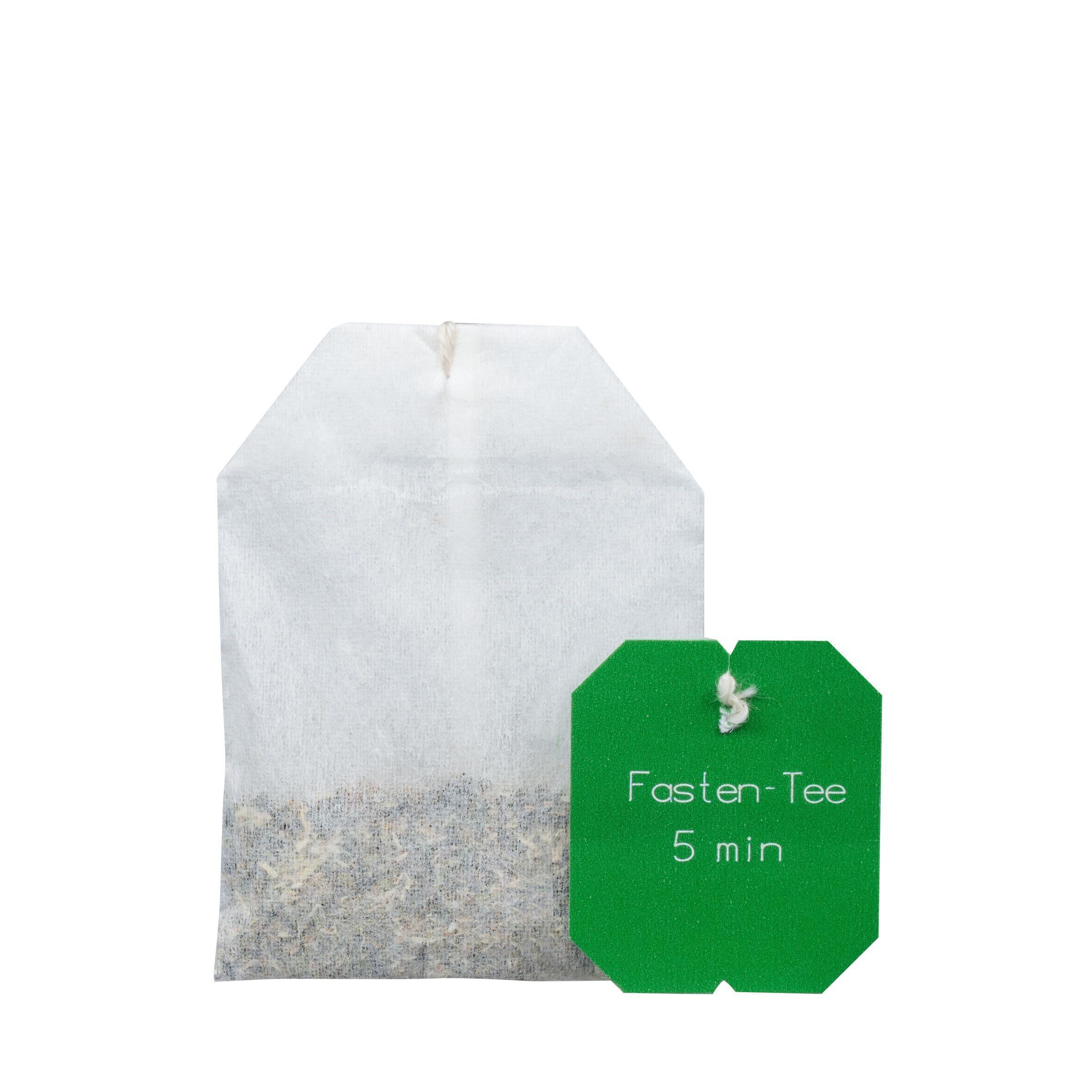 Einzelner Teebeutel FASTENTEE Bio Salus. Grünes Etikett mit Aufdruck: Fasten-Tee 5 min.