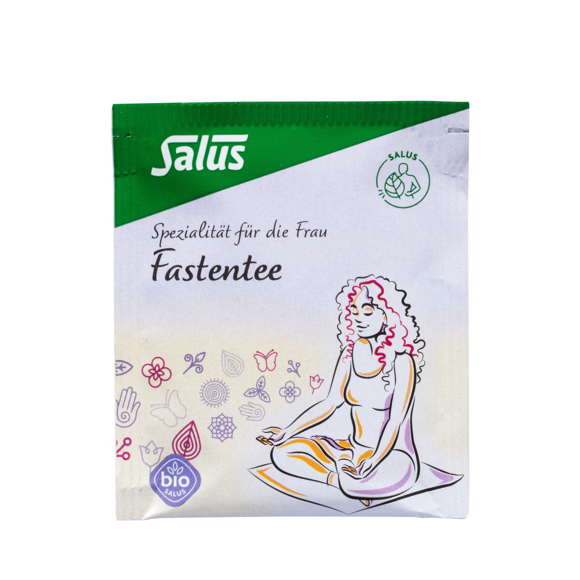 Verpackung FASTENTEE Bio Salus. Aufdruck: Salus, Fastentee, Spezialität für die Frau. Bio-Siegel. Frau sitzt meditierend.