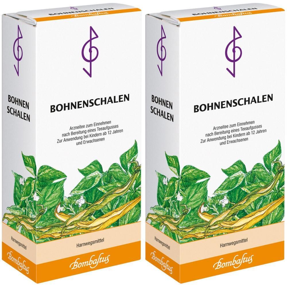 Zwei Packungen Bohnenschalen von Bombastus, mit Abbildung von grünen Bohnen und gelben Schoten.