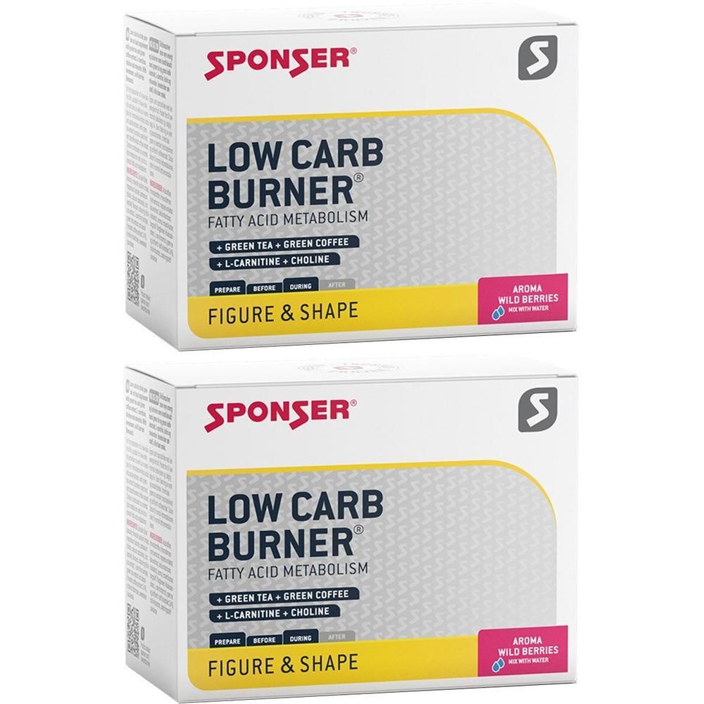 Zwei weiße Kartons mit Aufschrift SPONSER LOW CARB BURNER. Enthält grüne Tee, grünen Kaffee, L-Carnitin, Cholin. Aroma: Wildbeeren.