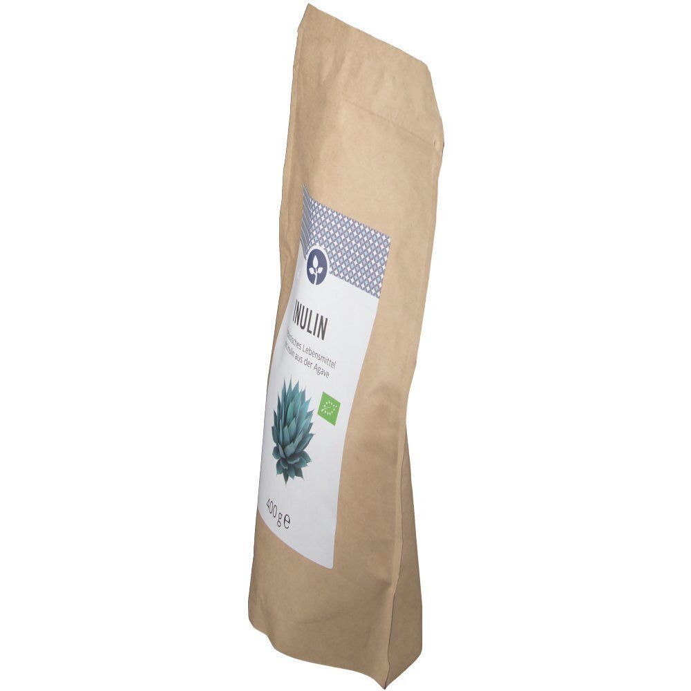 Beutel INULIN, braunes Papier. Aufdruck: INULIN, Agave-Abbildung, 400g, Bio-Siegel. Seitenansicht.