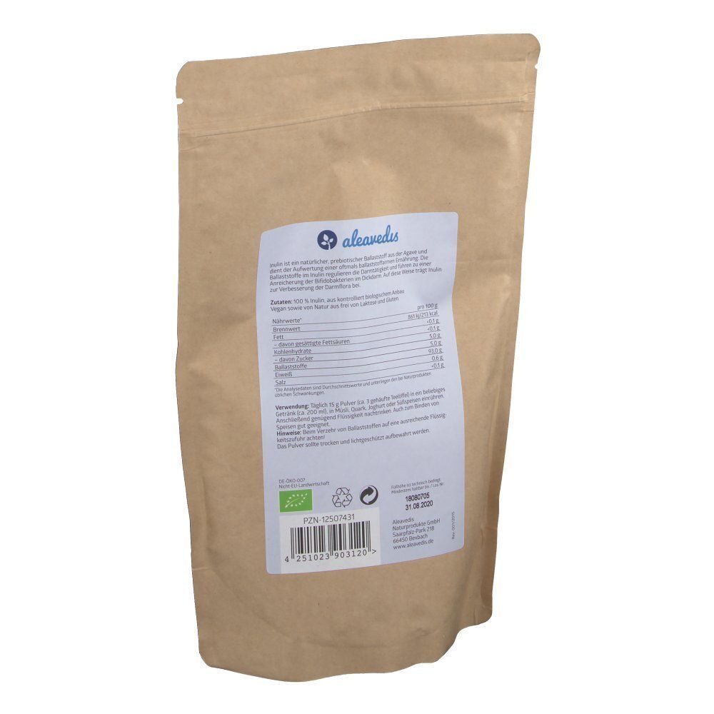 Rückseite des INULIN-Beutels. Aufdruck: Nährwertangaben, Herstellerlogo, Bio-Siegel, Barcode, Mindesthaltbarkeitsdatum.