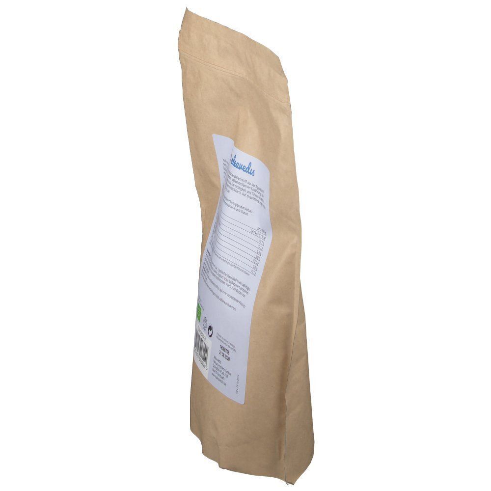 Seitenansicht des INULIN-Beutels. Aufdruck: Nährwertangaben, Herstellerlogo, Bio-Siegel, Barcode, Mindesthaltbarkeitsdatum.