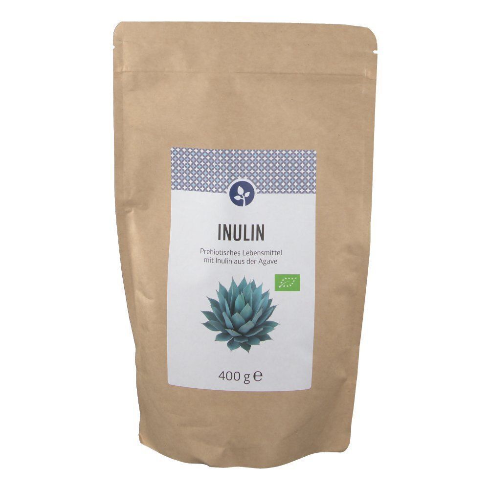 Beutel INULIN. Aufdruck: INULIN, Agave-Abbildung, 400g, Bio-Siegel. Beutel aus braunem Papier.