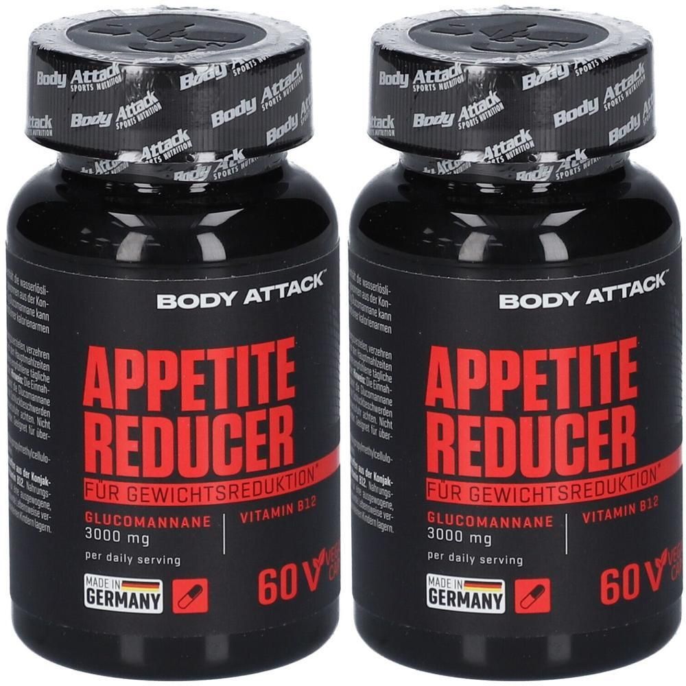 Zwei schwarze Flaschen mit roter Aufschrift. Aufschrift: APPETITE REDUCER, 60 V. Marke: BODY ATTACK. Hergestellt in Deutschland.