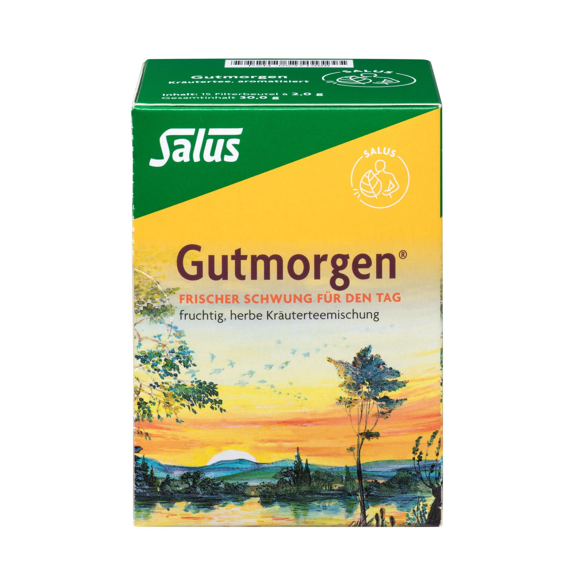 Karton Kräutertee Gutmorgen, Salus. Aufdruck: Gutmorgen, frischer Schwung für den Tag.