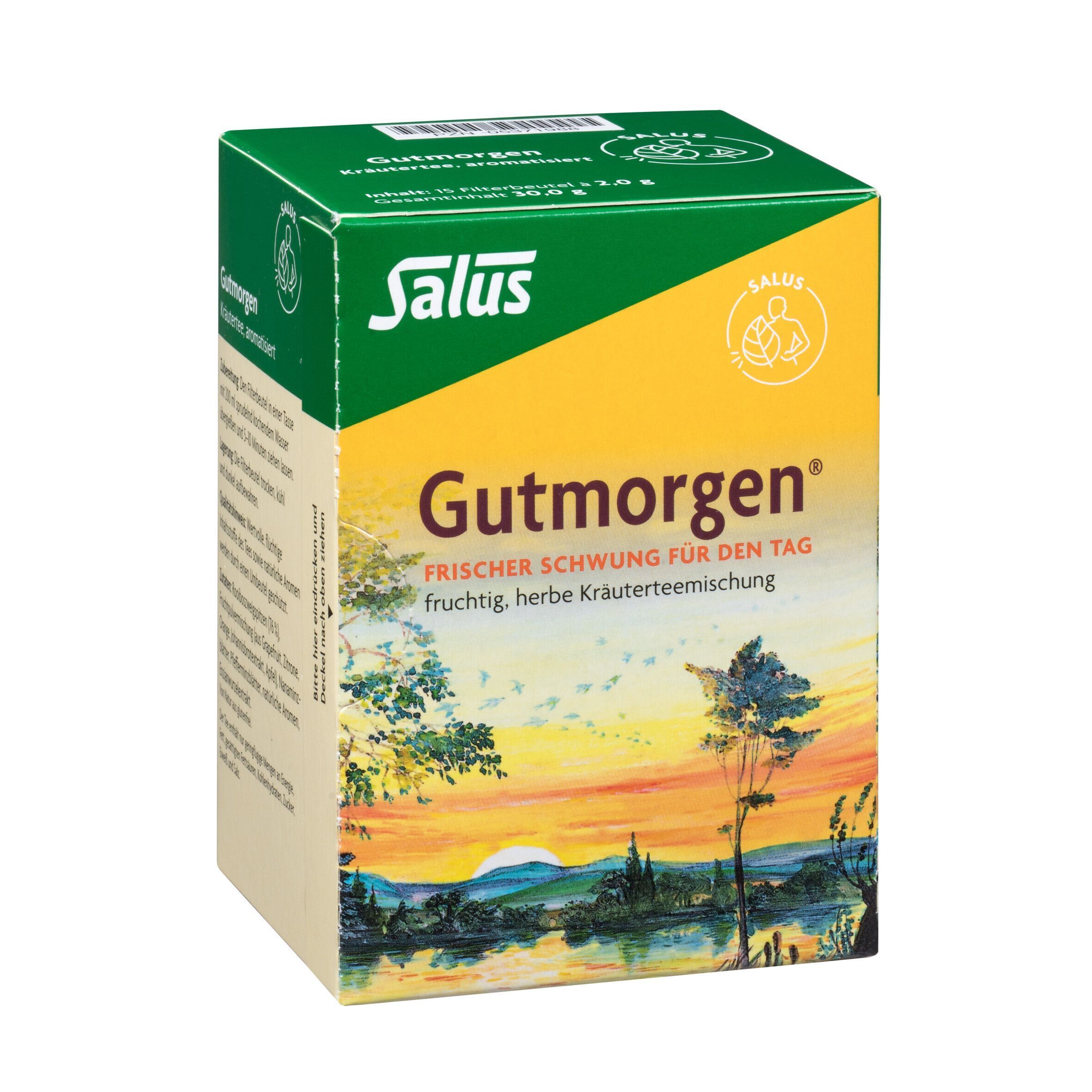 Karton Kräutertee Gutmorgen, Salus. Aufdruck: Gutmorgen, frischer Schwung für den Tag.