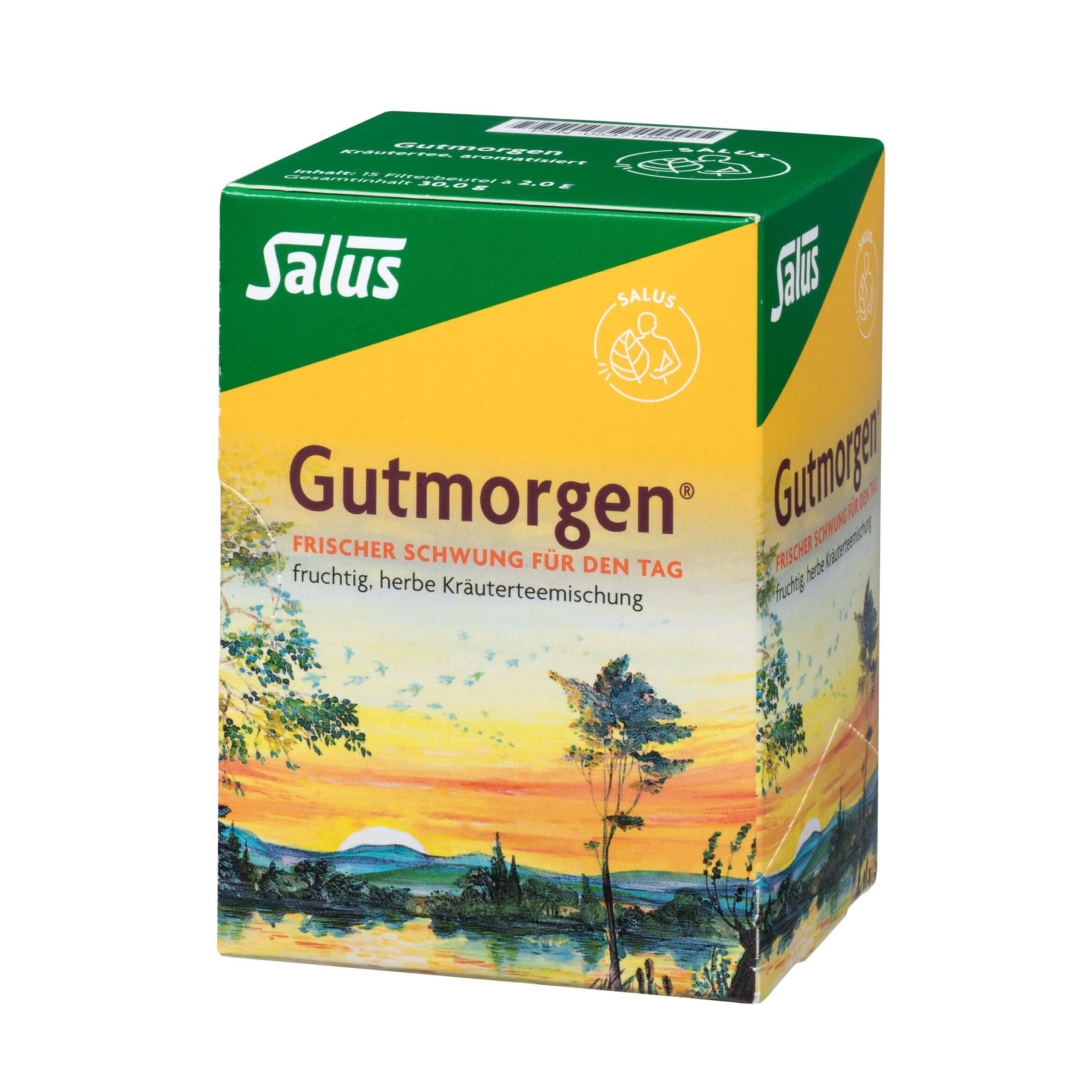 Karton Kräutertee Gutmorgen, Salus. Aufdruck: Gutmorgen, frischer Schwung für den Tag.